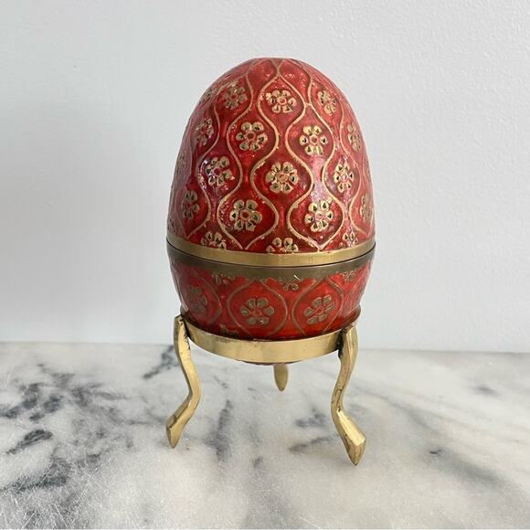 Vintage | MCM Heavy Brass Red Cloisonné Enamel Egg Trinket Case Stand Faberge - Picture 2 of 12